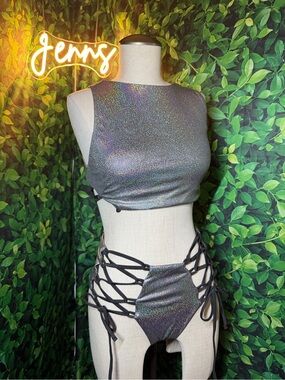 Holographic Iridescent Crop Top & Lace-Up High-Waist Bottom Set